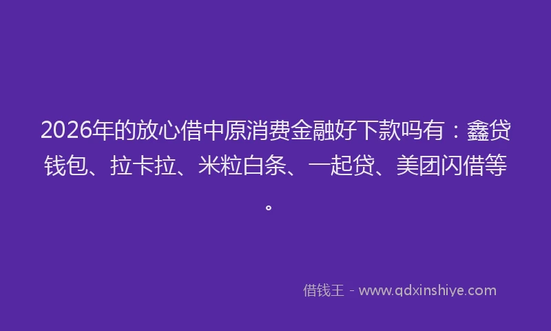 2026年的放心借中原消费金融好下款吗有：鑫贷钱包、拉卡拉、米粒白条、一起贷、美团闪借等。