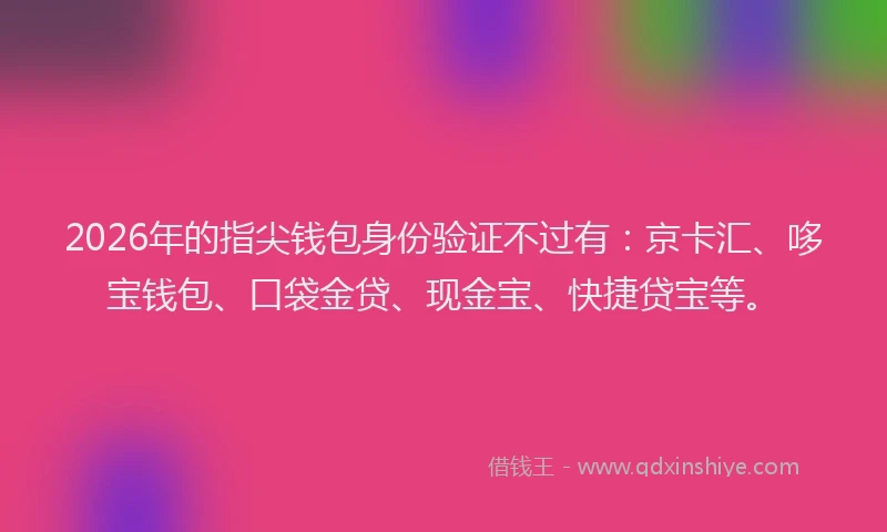 2026年的指尖钱包身份验证不过有:京卡汇、哆宝钱包、口袋金贷、现金宝、快捷贷宝等。