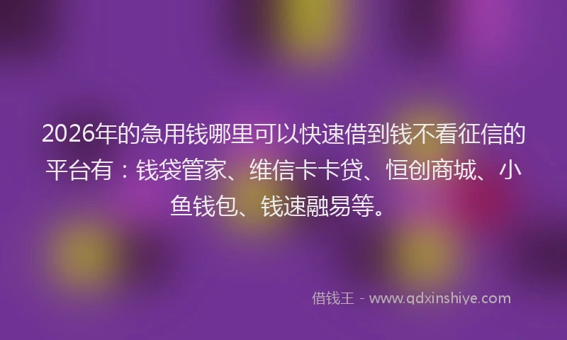 2026年的急用钱哪里可以快速借到钱不看征信的平台有：钱袋管家、维信卡卡贷、恒创商城、小鱼钱包、钱速融易等。