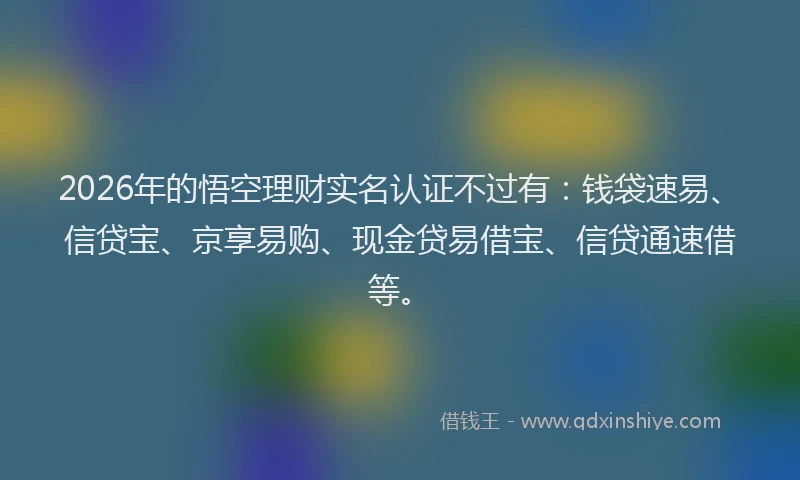 2026年的悟空理财实名认证不过有：钱袋速易、信贷宝、京享易购、现金贷易借宝、信贷通速借等。