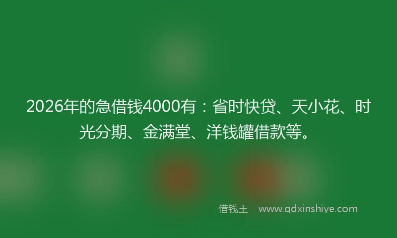 2026年的急借钱4000有：省时快贷、天小花、时光分期、金满堂、洋钱罐借款等。
