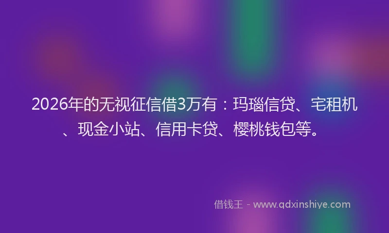 2026年的无视征信借3万有：玛瑙信贷、宅租机、现金小站、信用卡贷、樱桃钱包等。