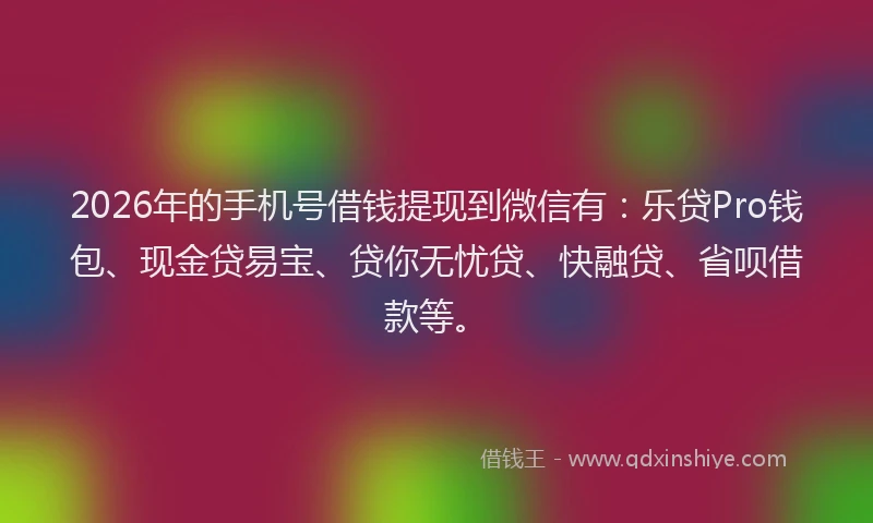 2026年的手机号借钱提现到微信有：乐贷Pro钱包、现金贷易宝、贷你无忧贷、快融贷、省呗借款等。