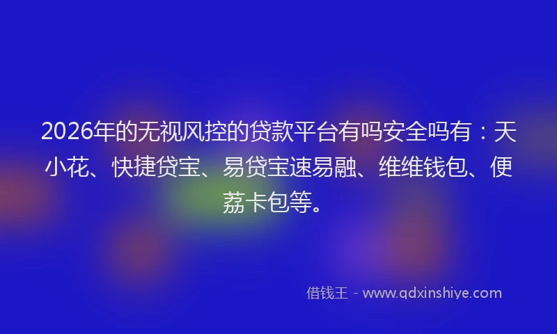 2026年的无视风控的贷款平台有吗安全吗有：天小花、快捷贷宝、易贷宝速易融、维维钱包、便荔卡包等。