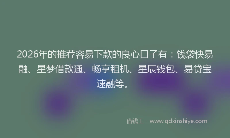 2026年的推荐容易下款的良心口子有：钱袋快易融、星梦借款通、畅享租机、星辰钱包、易贷宝速融等。