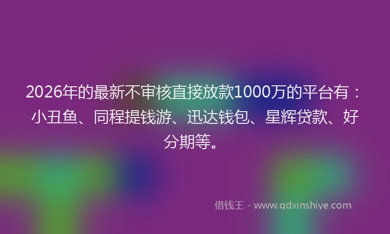 2026年的最新不审核直接放款1000万的平台有：小丑鱼、同程提钱游、迅达钱包、星辉贷款、好分期等。
