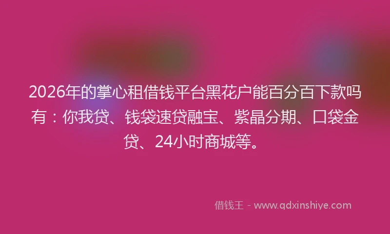 2026年的掌心租借钱平台黑花户能百分百下款吗有：你我贷、钱袋速贷融宝、紫晶分期、口袋金贷、24小时商城等。
