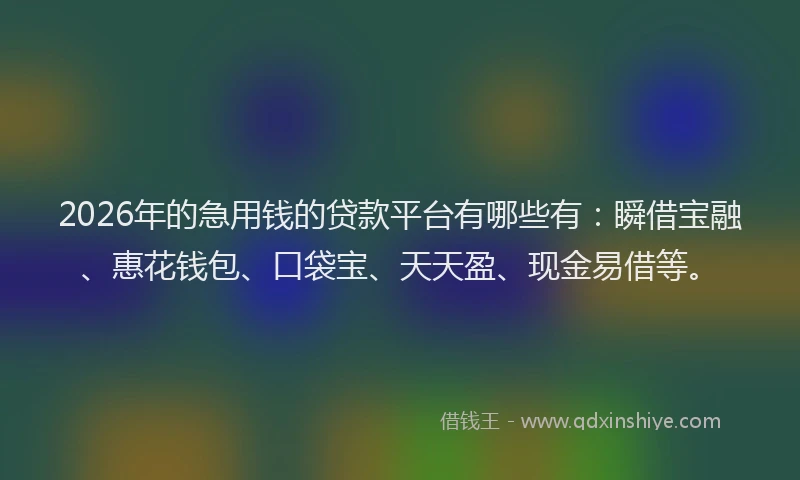 2026年的急用钱的贷款平台有哪些有：瞬借宝融、惠花钱包、口袋宝、天天盈、现金易借等。