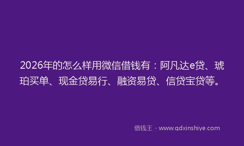 2026年的怎么样用微信借钱有:阿凡达e贷、琥珀买单、现金贷易行、融资易贷、信贷宝贷等。