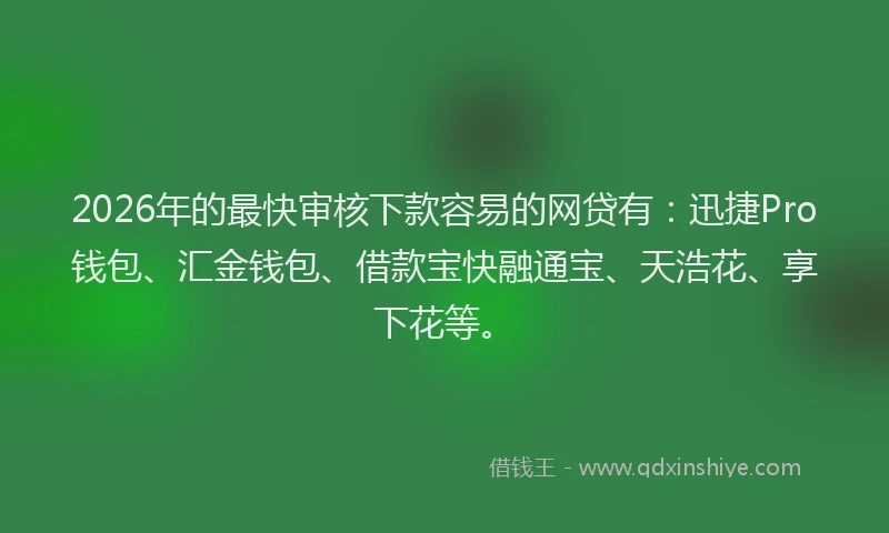 2026年的最快审核下款容易的网贷有:迅捷Pro钱包、汇金钱包、借款宝快融通宝、天浩花、享下花等。