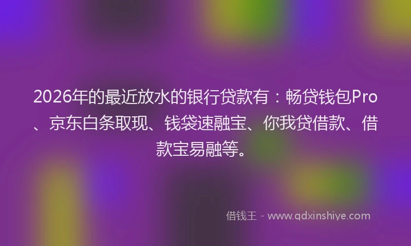 2026年的最近放水的银行贷款有：畅贷钱包Pro、京东白条取现、钱袋速融宝、你我贷借款、借款宝易融等。