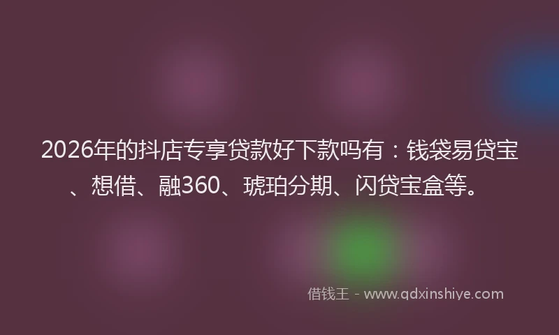 2026年的抖店专享贷款好下款吗有：钱袋易贷宝、想借、融360、琥珀分期、闪贷宝盒等。