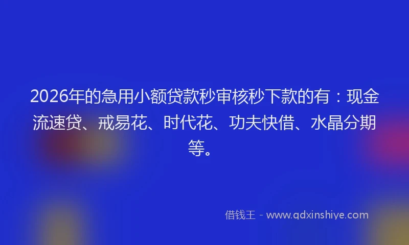 2026年的急用小额贷款秒审核秒下款的有：现金流速贷、戒易花、时代花、功夫快借、水晶分期等。