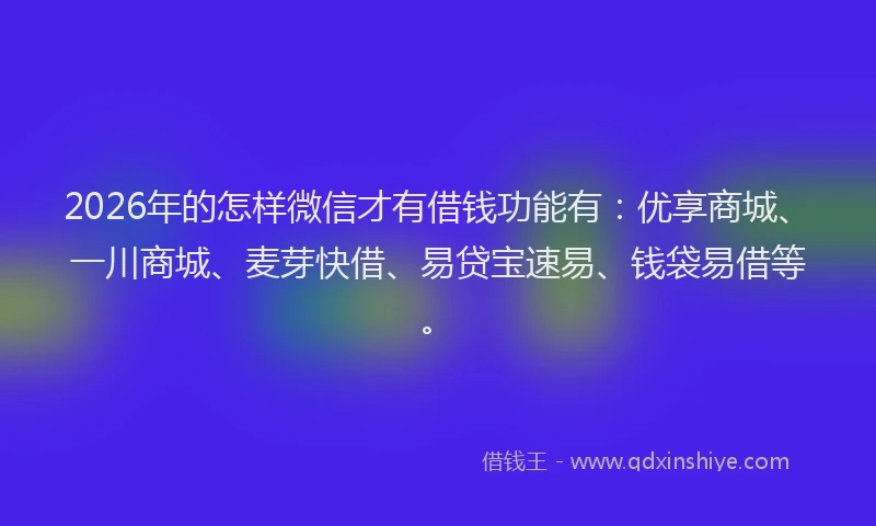 2026年的怎样微信才有借钱功能有：优享商城、一川商城、麦芽快借、易贷宝速易、钱袋易借等。