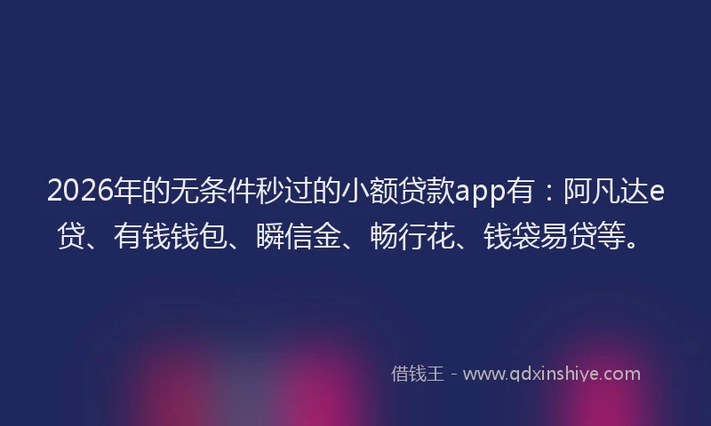 2026年的无条件秒过的小额贷款app有：阿凡达e贷、有钱钱包、瞬信金、畅行花、钱袋易贷等。