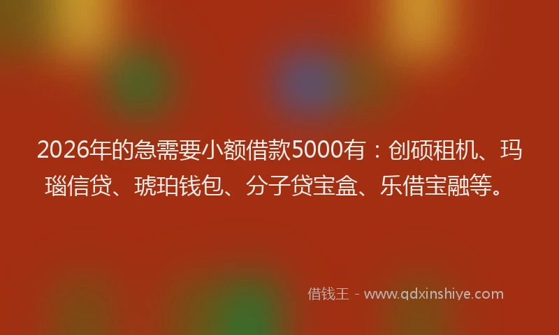 2026年的急需要小额借款5000有：创硕租机、玛瑙信贷、琥珀钱包、分子贷宝盒、乐借宝融等。