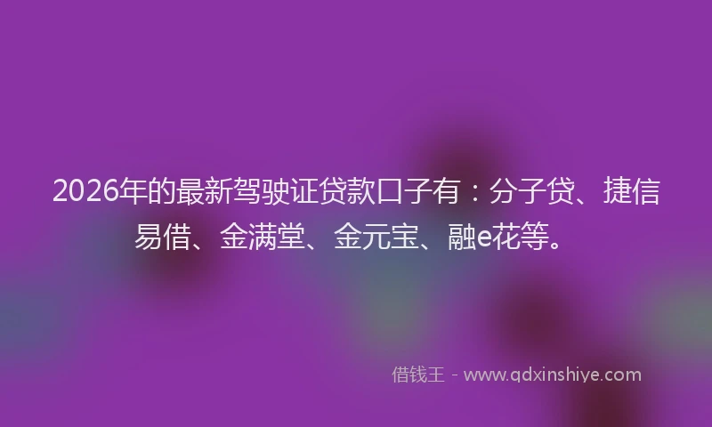 2026年的最新驾驶证贷款口子有：分子贷、捷信易借、金满堂、金元宝、融e花等。