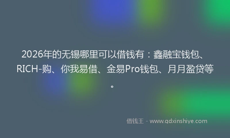 2026年的无锡哪里可以借钱有:鑫融宝钱包、RICH-购、你我易借、金易Pro钱包、月月盈贷等。
