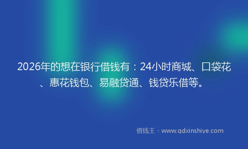 2026年的想在银行借钱有:24小时商城、口袋花、惠花钱包、易融贷通、钱贷乐借等。