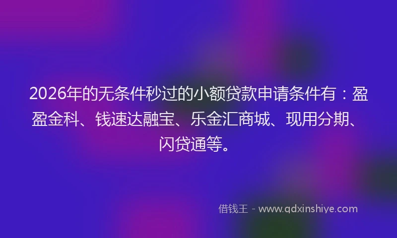 2026年的无条件秒过的小额贷款申请条件有：盈盈金科、钱速达融宝、乐金汇商城、现用分期、闪贷通等。