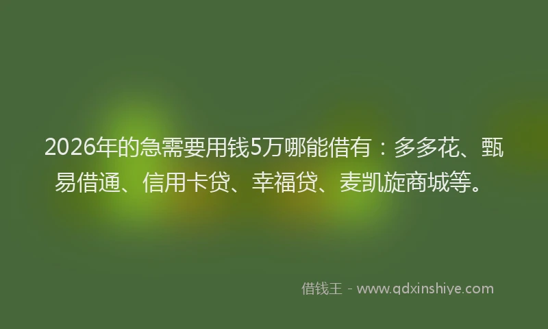 2026年的急需要用钱5万哪能借有：多多花、甄易借通、信用卡贷、幸福贷、麦凯旋商城等。