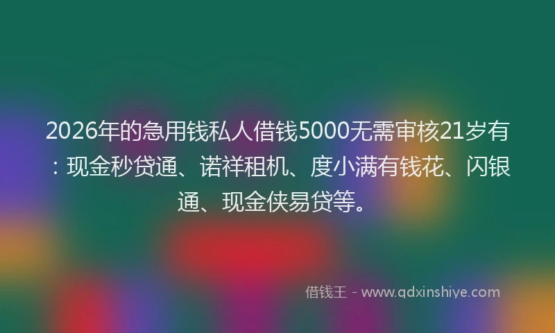 2026年的急用钱私人借钱5000无需审核21岁有:现金秒贷通、诺祥租机、度小满有钱花、闪银通、现金侠易贷等。