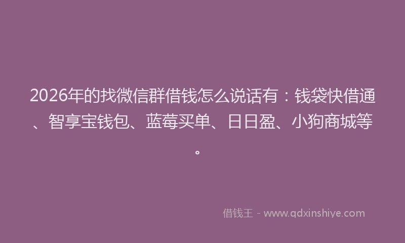 2026年的找微信群借钱怎么说话有：钱袋快借通、智享宝钱包、蓝莓买单、日日盈、小狗商城等。