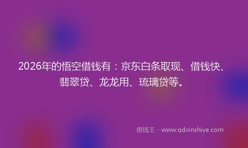 2026年的悟空借钱有：京东白条取现、借钱快、翡翠贷、龙龙用、琉璃贷等。