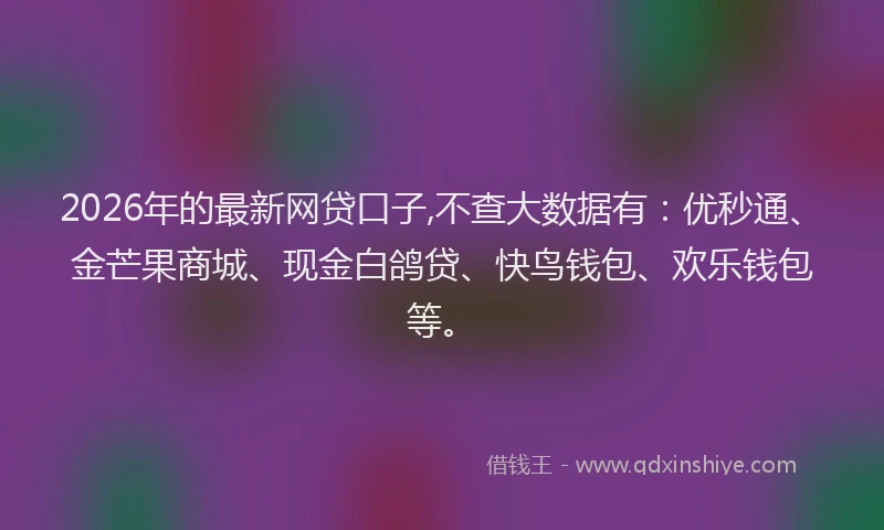 2026年的最新网贷口子,不查大数据有：优秒通、金芒果商城、现金白鸽贷、快鸟钱包、欢乐钱包等。