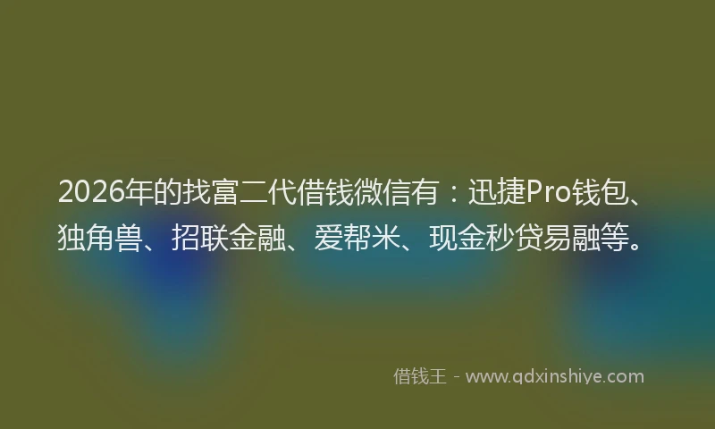 2026年的找富二代借钱微信有：迅捷Pro钱包、独角兽、招联金融、爱帮米、现金秒贷易融等。