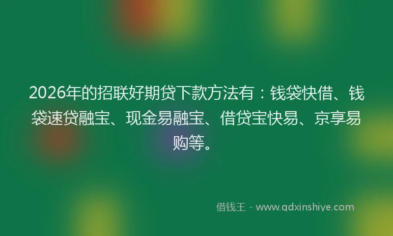 2026年的招联好期贷下款方法有:钱袋快借、钱袋速贷融宝、现金易融宝、借贷宝快易、京享易购等。