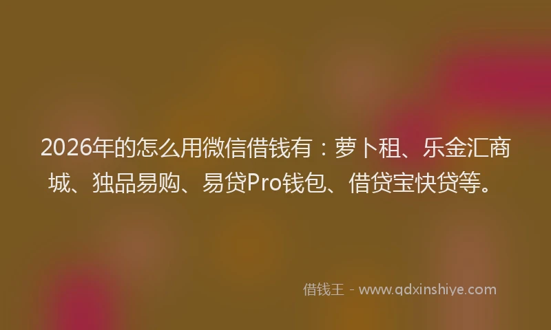 2026年的怎么用微信借钱有：萝卜租、乐金汇商城、独品易购、易贷Pro钱包、借贷宝快贷等。