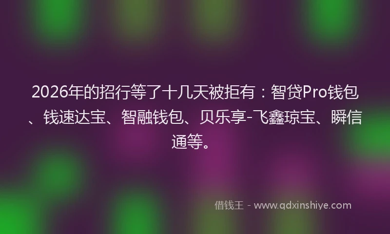 2026年的招行等了十几天被拒有:智贷Pro钱包、钱速达宝、智融钱包、贝乐享-飞鑫琼宝、瞬信通等。