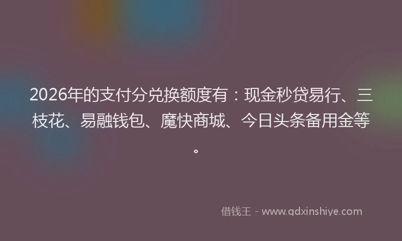 2026年的支付分兑换额度有：现金秒贷易行、三枝花、易融钱包、魔快商城、今日头条备用金等。