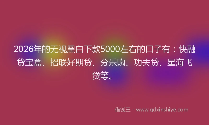2026年的无视黑白下款5000左右的口子有：快融贷宝盒、招联好期贷、分乐购、功夫贷、星海飞贷等。