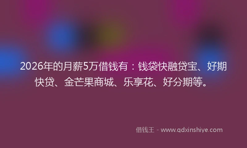 2026年的月薪5万借钱有：钱袋快融贷宝、好期快贷、金芒果商城、乐享花、好分期等。