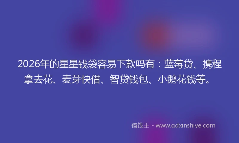 2026年的星星钱袋容易下款吗有:蓝莓贷、携程拿去花、麦芽快借、智贷钱包、小鹅花钱等。