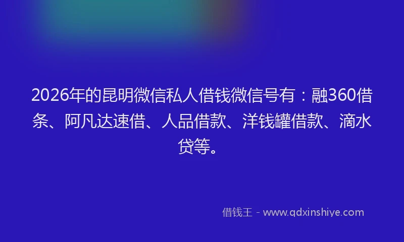 2026年的昆明微信私人借钱微信号有：融360借条、阿凡达速借、人品借款、洋钱罐借款、滴水贷等。