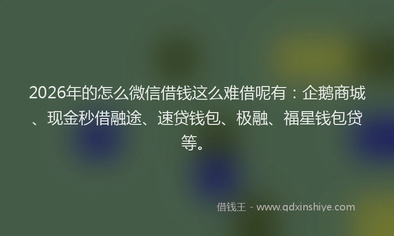 2026年的怎么微信借钱这么难借呢有:企鹅商城、现金秒借融途、速贷钱包、极融、福星钱包贷等。