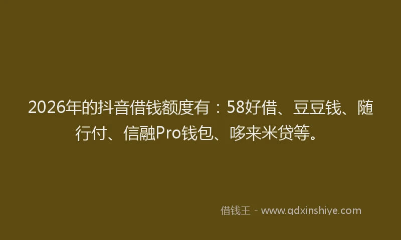 2026年的抖音借钱额度有：58好借、豆豆钱、随行付、信融Pro钱包、哆来米贷等。