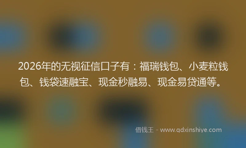 2026年的无视征信口子有:福瑞钱包、小麦粒钱包、钱袋速融宝、现金秒融易、现金易贷通等。