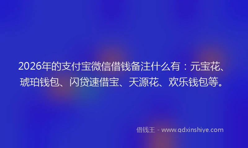 2026年的支付宝微信借钱备注什么有：元宝花、琥珀钱包、闪贷速借宝、天源花、欢乐钱包等。