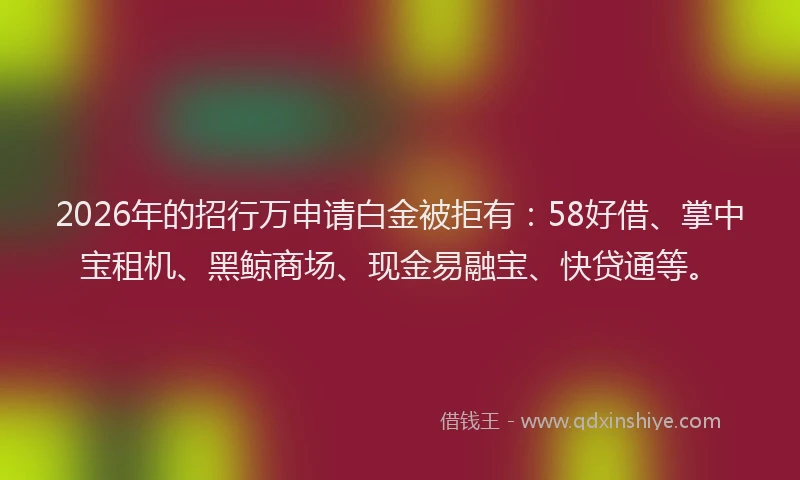 2026年的招行万申请白金被拒有:58好借、掌中宝租机、黑鲸商场、现金易融宝、快贷通等。