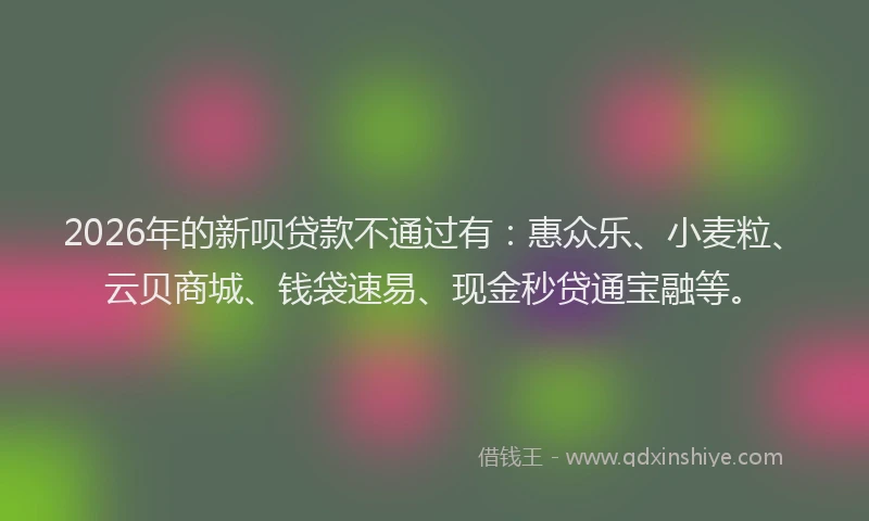 2026年的新呗贷款不通过有：惠众乐、小麦粒、云贝商城、钱袋速易、现金秒贷通宝融等。