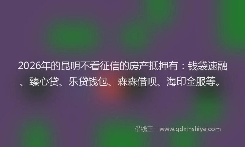 2026年的昆明不看征信的房产抵押有：钱袋速融、臻心贷、乐贷钱包、森森借呗、海印金服等。