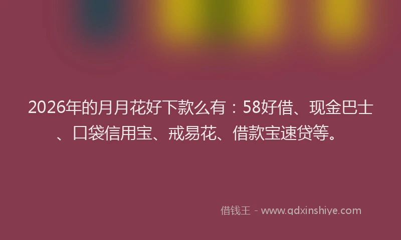 2026年的月月花好下款么有：58好借、现金巴士、口袋信用宝、戒易花、借款宝速贷等。