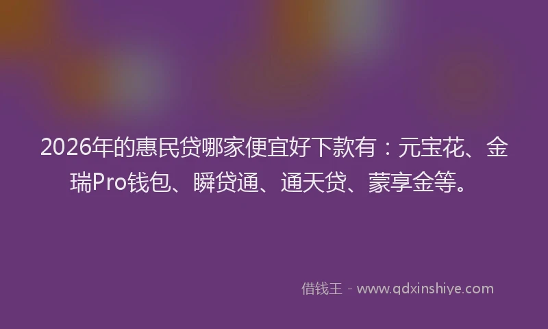 2026年的惠民贷哪家便宜好下款有：元宝花、金瑞Pro钱包、瞬贷通、通天贷、蒙享金等。