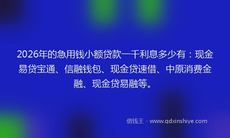 2026年的急用钱小额贷款一千利息多少有：现金易贷宝通、信融钱包、现金贷速借、中原消费金融、现金贷易融等。