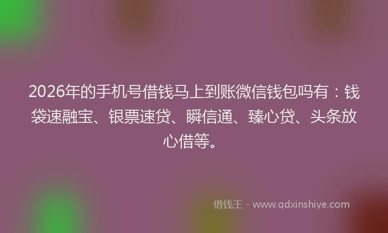 2026年的手机号借钱马上到账微信钱包吗有：钱袋速融宝、银票速贷、瞬信通、臻心贷、头条放心借等。