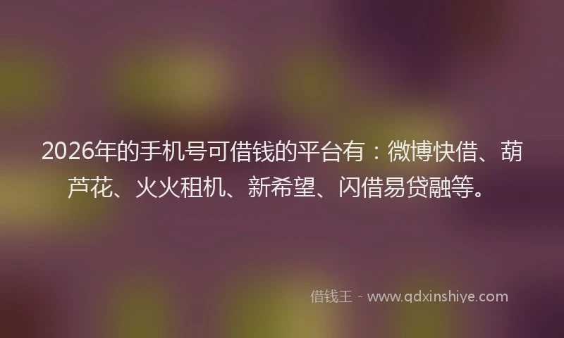 2026年的手机号可借钱的平台有：微博快借、葫芦花、火火租机、新希望、闪借易贷融等。